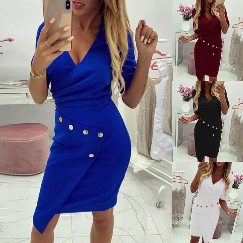 Fashion Women elegant Casual Slim Fit High Quality Solid Metal Buckle Plus Size Irregular Dress