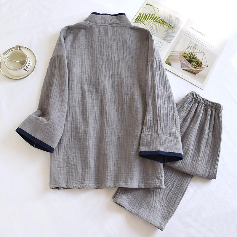 Spring and Autumn Thin Men's Kimono Robes with Long Trousres Cotton Color Matching Pajamas Plus Size Home Pyjamas Set