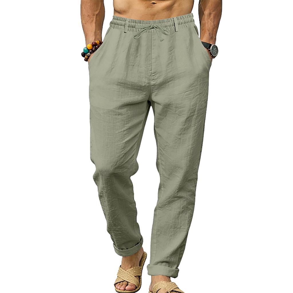 Men's Linen  Loose Fit For Sports  Ideal For Vacation And Commuting  Straight Leg With Drawstring  Long Pants