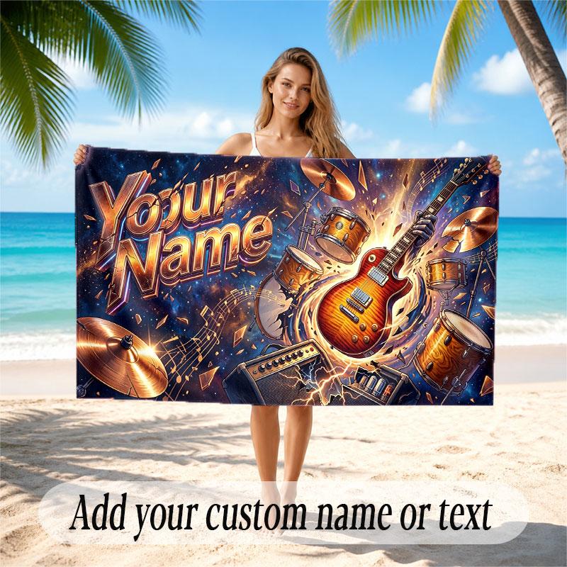 Music General Theme Beach Towel Personalized Custom Name & Text Soft Quick Dry Beach Towel for Swimming Travel