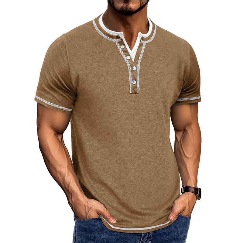 Simple Business and Casual New Style Men's Short-sleeved Color-blocking Fake Two-piece Henry Shirt Men's V-neck T-shirt