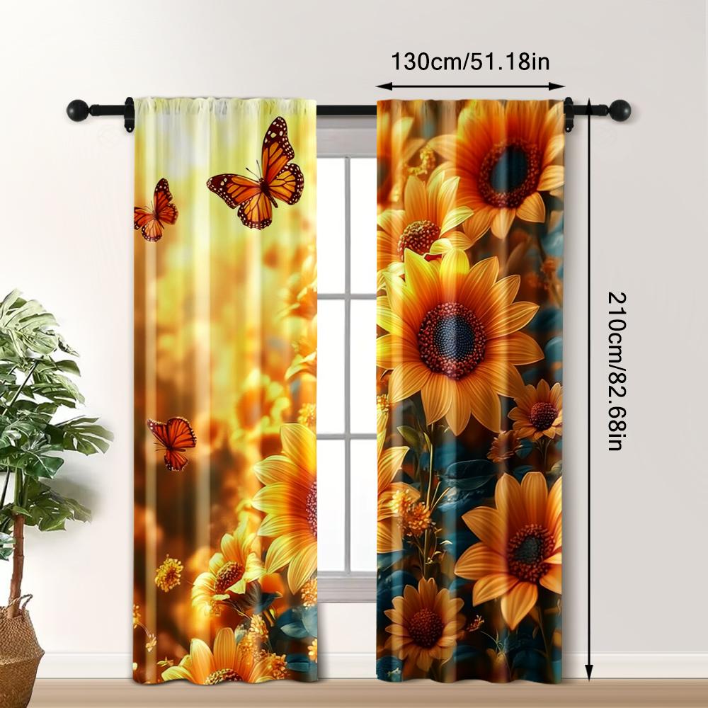 2pc,  Window Curtains Sunflower 100% Polyester,Without Electricity Family Party Decoration Applies To Hotel Decoration