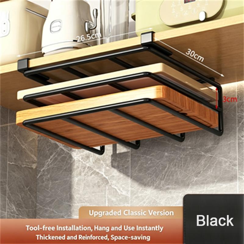 Kitchen Under Cabinet Hanging Organizer Rack with Hooks Multi-Purpose Holder for Paper Towel Cutting Board & Pot Lids