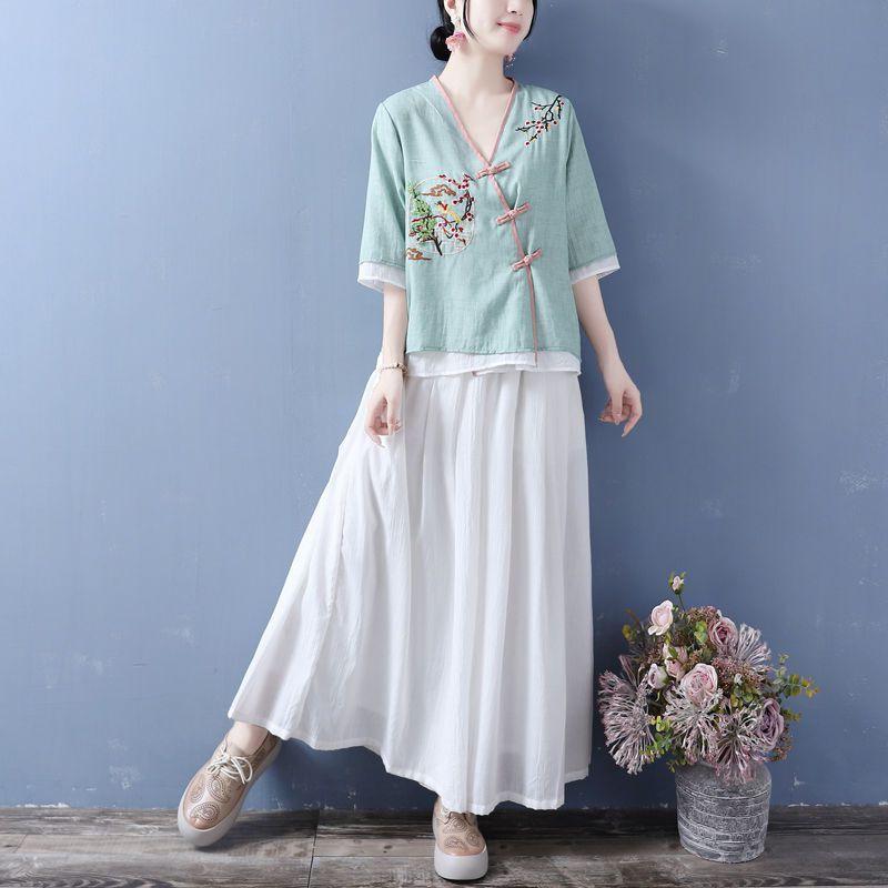 Women's Ethnic V-Neck Embroidered Cotton-Linen Cardigan Top and Mid-Sleeve Tea Dress