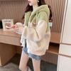 Neue farbblockierte Herbst-Winter-Reißverschluss-Oversize-Jacke mit Fleecefutter, verdicktes Doppel-Fleece-Damenoberteil
