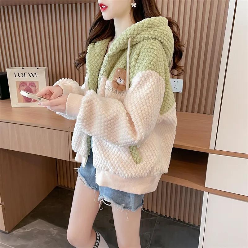 Neue farbblockierte Herbst-Winter-Reißverschluss-Oversize-Jacke mit Fleecefutter, verdicktes Doppel-Fleece-Damenoberteil