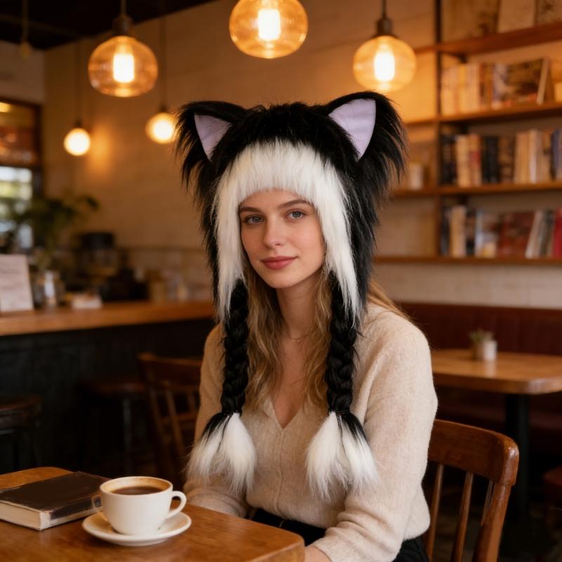 Soft Furry Animal Ear Hat with Braids for for Women and Girls Cartoon Earflap Hat Cosplay Winter Party and Themed Event