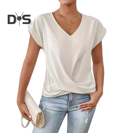 Dámské topy s výstřihem do V, s krátkým rukávem, s mačkaným designem, tričko jednobarevné, volného střihu, s křížovým plisováním, pro každodenní nošení