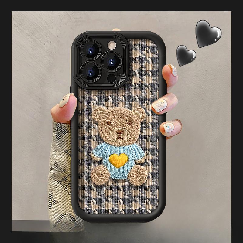 Cute Bear Doll Lanyard Suitable for Apple 16PRO Mobile Phone Case 15/14 Silicone Lambskin 13 Full Cover Anti-fall