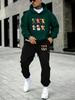 Men's Christmas-print Two-piece Set, Featuring A Hoodie and Pants with Pockets and A Drawstring; Suitable for Outdoor Activities in Autumn and Winter.