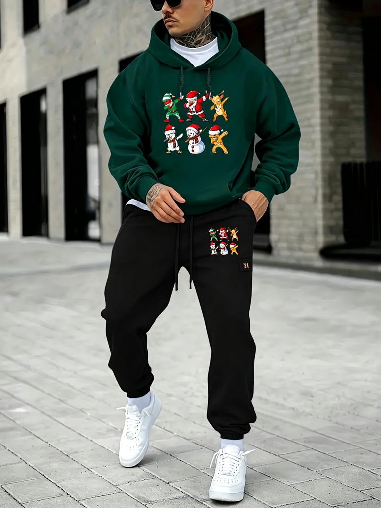 Men's Christmas-print Two-piece Set, Featuring A Hoodie and Pants with Pockets and A Drawstring; Suitable for Outdoor Activities in Autumn and Winter.