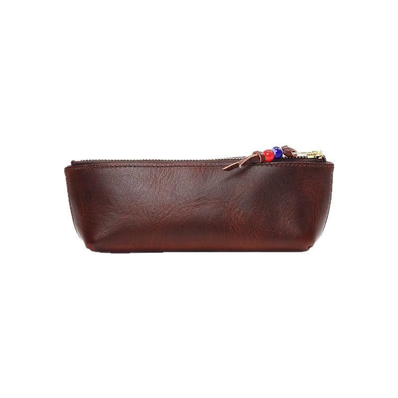 Luxurious Retro Zipper Pencil Case - Handmade, Large Capacity, Oil Wax Leather Pen Box for Students, Fountain Pen Holder