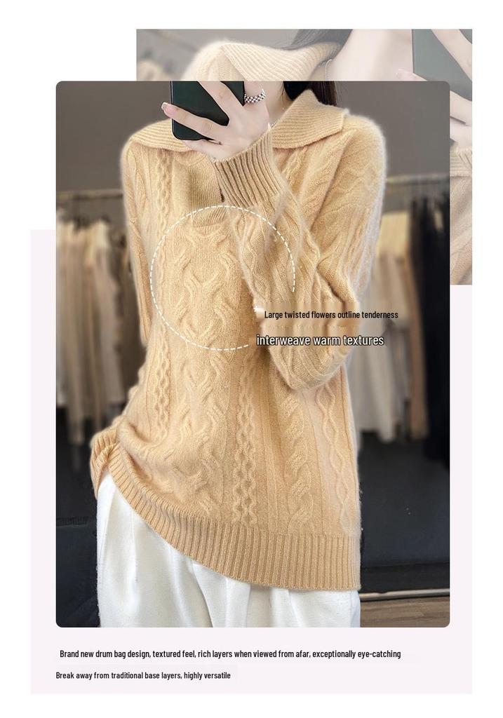 Seven-Stitch Thick Cable Knit Wool Sweater - Warm 3D Design for Autumn/Winter