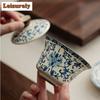 150ml Retro Ru Kiln Porcelain Gaiwan Modrobílý Požehnání Tři Talenty Čajová mísa Víko na čaj Miska Čajové Servisy Řemesla