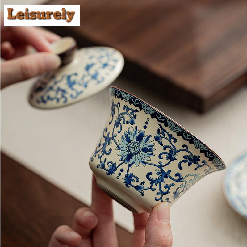 150ml Retro Ru Kiln Porcelain Gaiwan Modrobílý Požehnání Tři Talenty Čajová mísa Víko na čaj Miska Čajové Servisy Řemesla