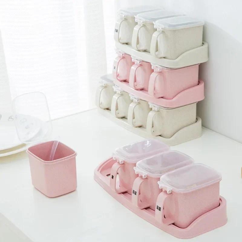 Wheat Straw Seasoning Nice Box Pepper Spice Shaker Salt Seasoning Transparent PP Kitchen Cruet Condiment Bottle Jars Storage Box for Home