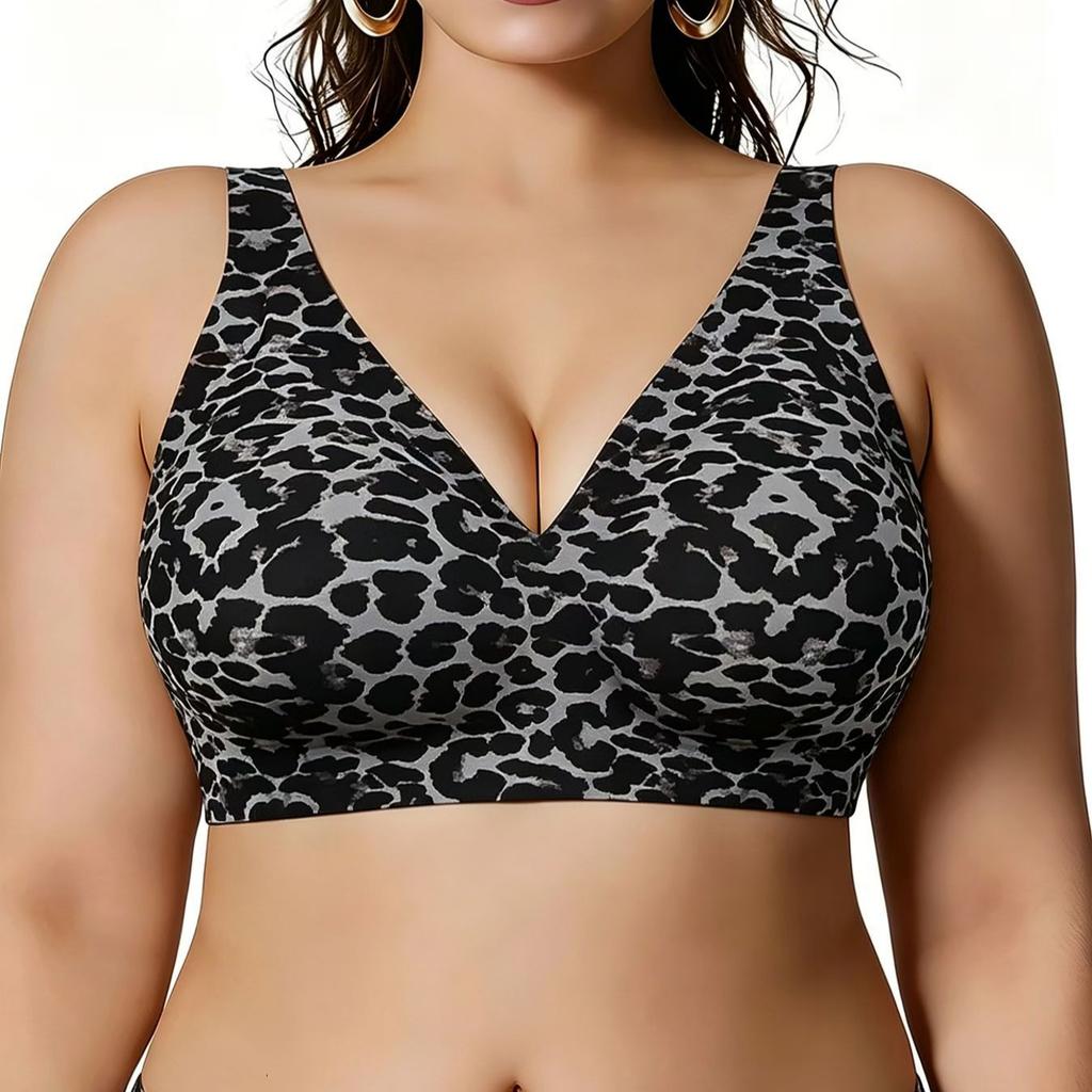 Plus Size Wireless Seamless Bra with Jelly Strips Ice Fabric Outer Expanding Lifting Gathered Leopard Print Intimates for Women