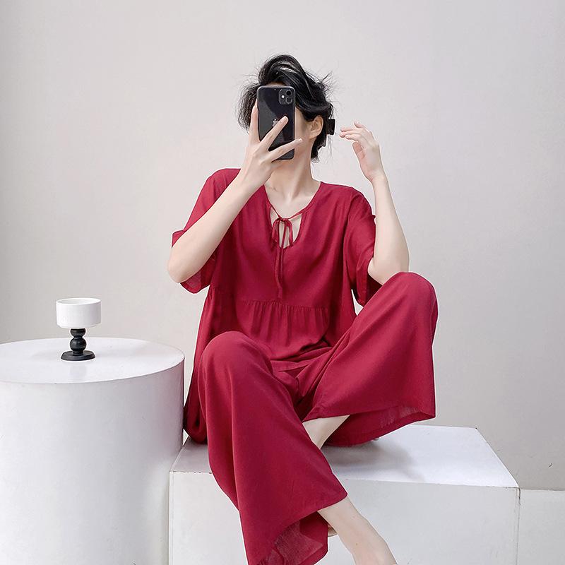 1011 New Spring and Summer Cotton and Silk Pajamas Women's Short-sleeved Trousers Round Neck Thin Fashion Casual Cute Loungewear Cover