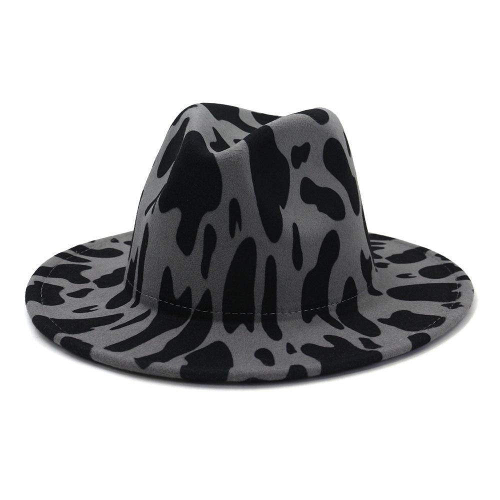 New Six-Color Cow Pattern Top Hat, Men'S And Women'S Color Matching Woolen Big Eave Hat, Jazz Hat, Stage Felt Hat