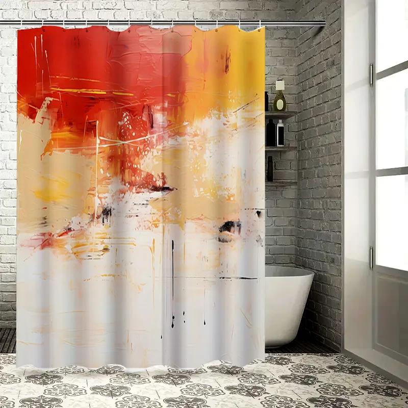 

Modern Abstract Shower Curtain Set Decorative Waterproof Bath Mat Non Slip Bathroom Accessory Red White Yellow Colorful Print Ho W90xH180cm