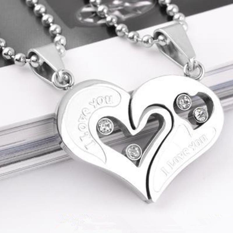 Matching Necklace Heart Pendant For Women Men Round Zircon half-heart Stainless Steel Bead Chain Hip Hop Couple Jewlery Gifts