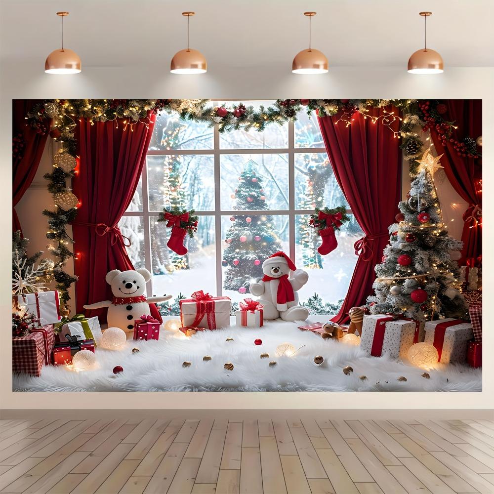Vibrant Winter Wonderland Christmas photography background - Snowmen Christmas trees and rural window scenes of holiday parties