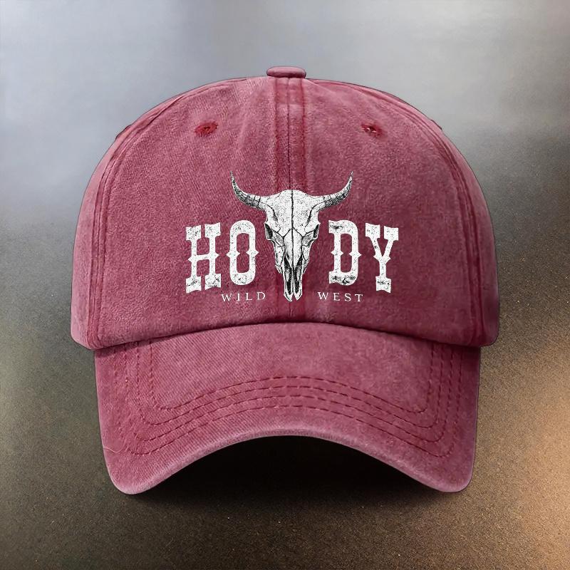 A Washed Cowboy Hat Featuring a Howdy Wild West Bull Skull Print A Sunprotection Baseball Cap for Daily Outings a Musthave