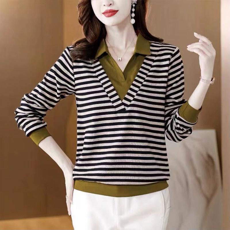 Elegance Autumn And New Spring Fashion Vneck Stripe Panel Contrast Color Casual Loose Versatile Fake Two Piece Tshirt