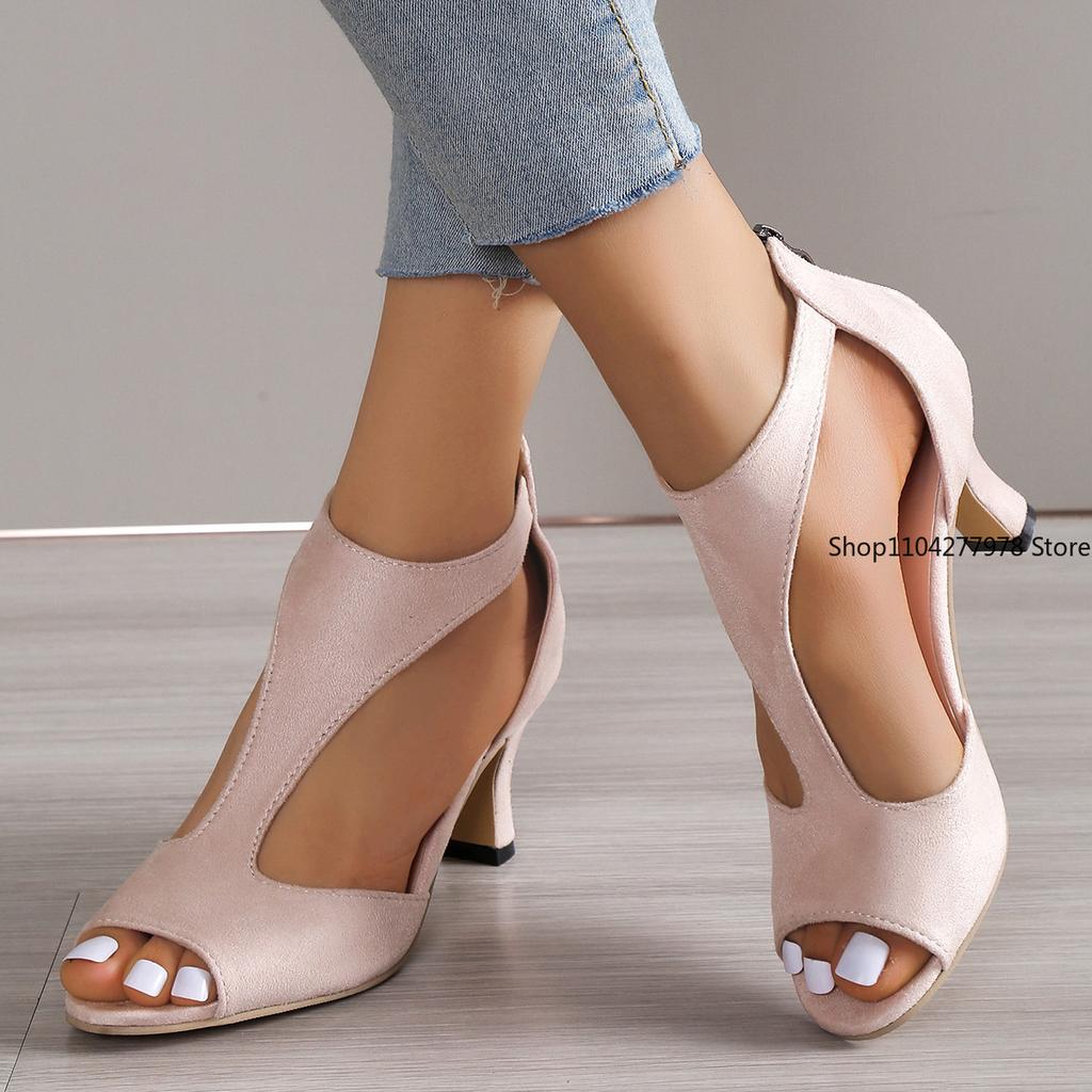 Fashion Plus Size 43 Heeled Sandals Women New Simple Back Zipper Fishmouth High Heels Women Shoes Summer Fashion Stiletto Women Sandals