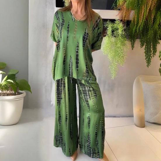 Zweiteiliges Set für Damen in Übergröße, Sommer, lässig, Rundhalsausschnitt, Kurzarm, Oberteil, weites Bein, Hose, Set, lockeres Outfit für Frühling, Sommer, Herbst