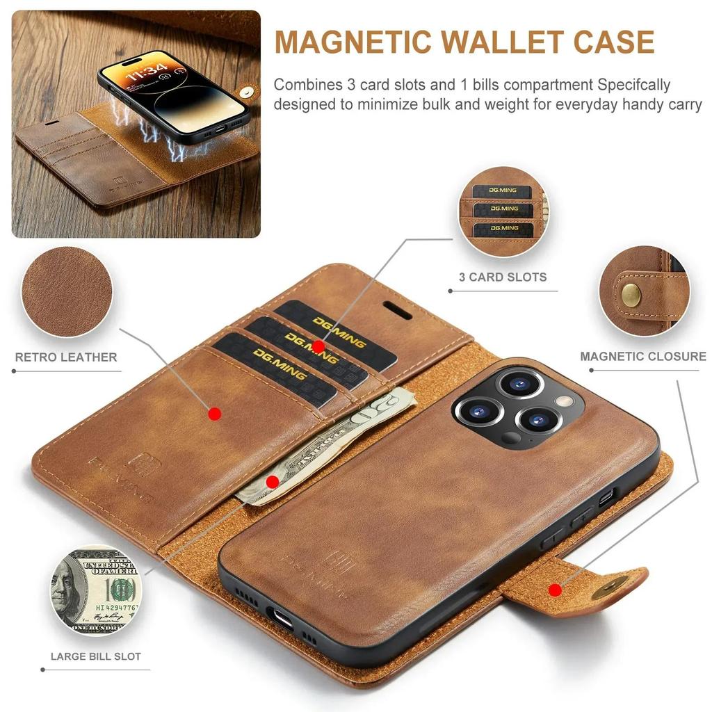 DG.Ming for IPhone 18 17 16 Pro Max 15 14Plus 12 11 13Mini Luxury 2-Folding Wallet Case Detachable Leather Magnetic Flip Cover Case