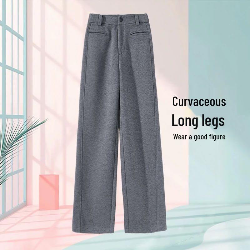 Women's High-Waist Gray Woolen Wide-Leg Pants - Fleece-Lined for Autumn/Winter, Thickened Drape, Narrow Straight-Leg Design