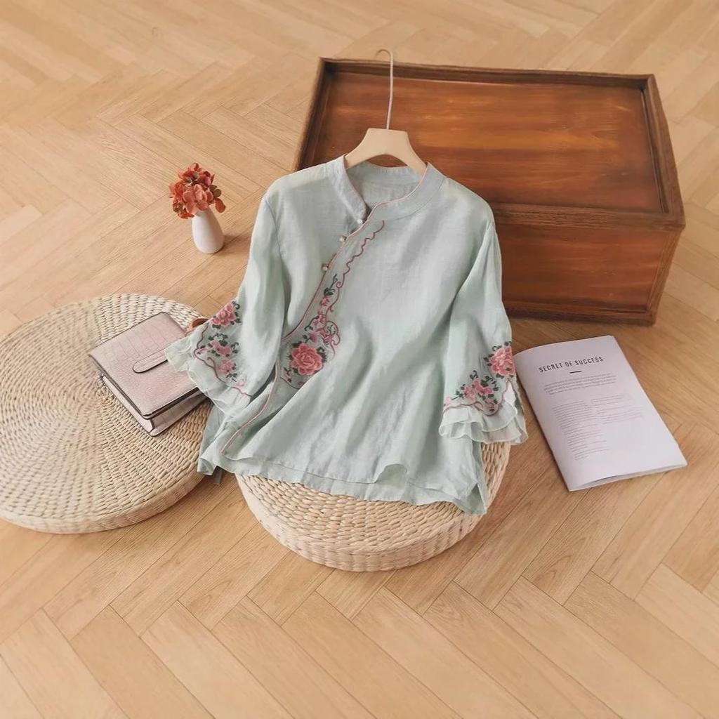 Women's Ethnic Embroidered Cotton-Linen Shirt, Oblique Collar, 3/4 Sleeves, Retro Literary Summer Tea Dress.