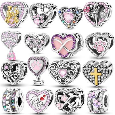 Charms Heart Copper Pendant Love Cz Pave Round Beads Fit Original Bracelet Necklace For Women Diy Jewelry Gift