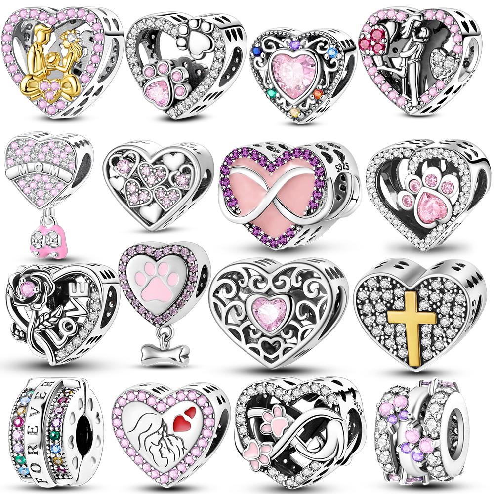 Charms Heart Copper Pendant Love Cz Pave Round Beads Fit Original Bracelet Necklace For Women Diy Jewelry Gift