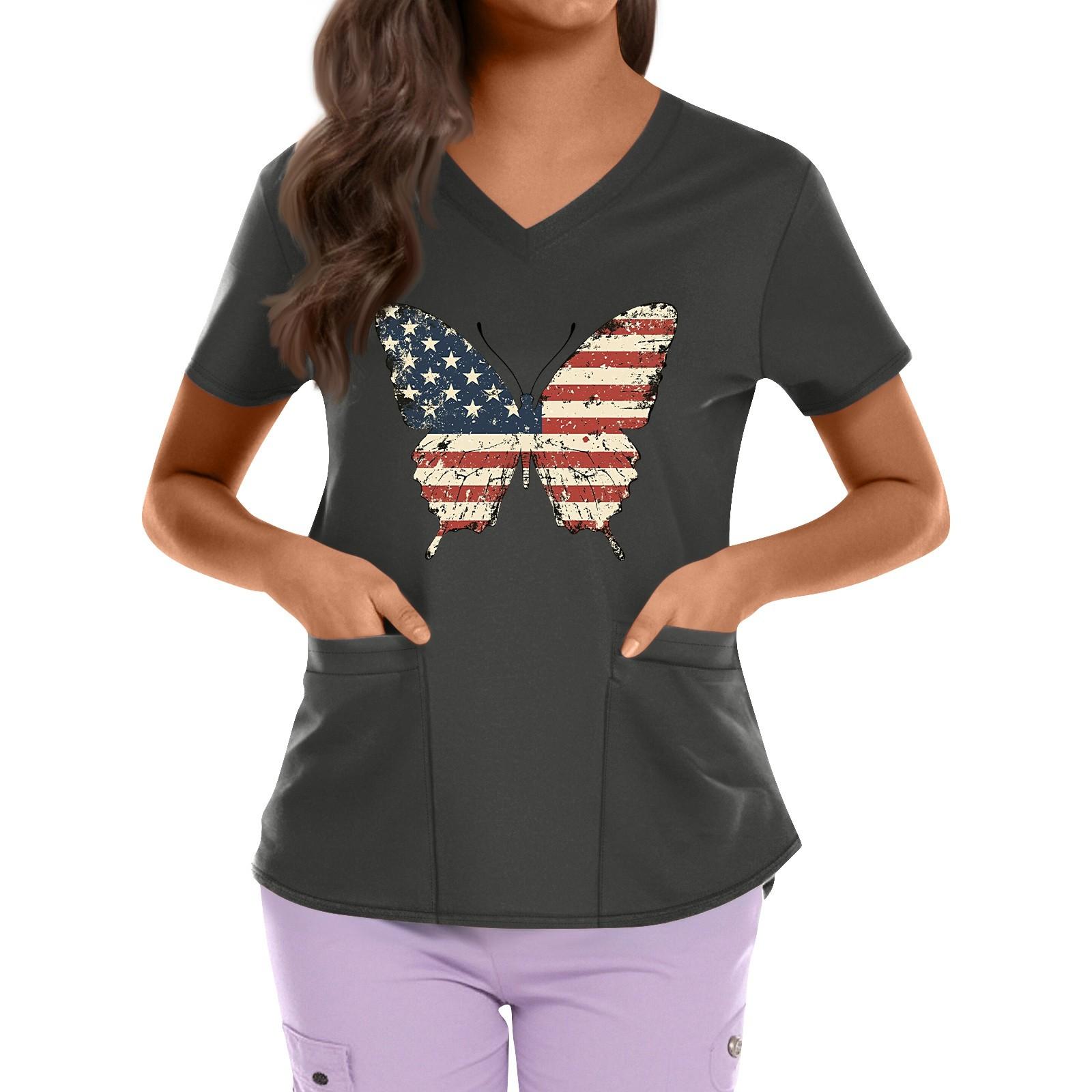 

Plus Size Printed Scrub Working Uniform Tops For Women s Cross V Neck Independence Day Print Short Sleeve Fun T-Shirts Workwear Tee With Pockets L
