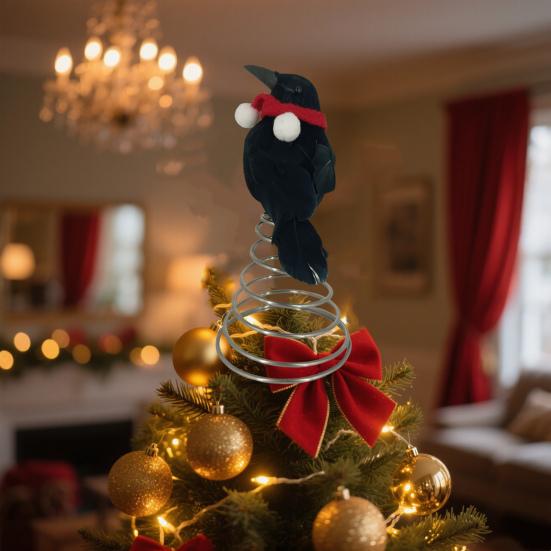 Halloween Crow Tree Topper Mini Crow Treetop Ornaments with Red Scarf And Fuzzy Pompom Ball for Christmas Halloween Party Supplies