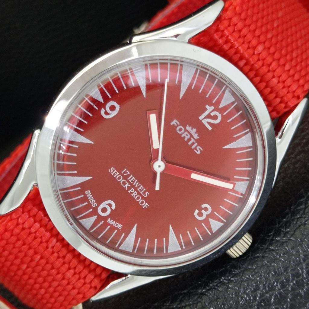 REFURBISHED VINTAGE HAND-WINDING SWISS MENS RED COLOR DIAL WATCH A701042-5 R205a-a701042