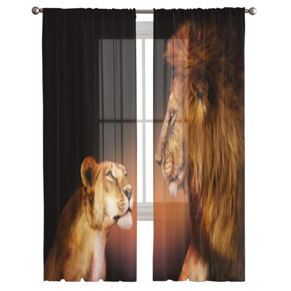 Transparente Vorhänge aus Chiffon mit zwei Löwen, die sich gegenseitig angreifen, für Wohnzimmer, Schlafzimmer, Dekoration, Fenster, Tüllvorhänge