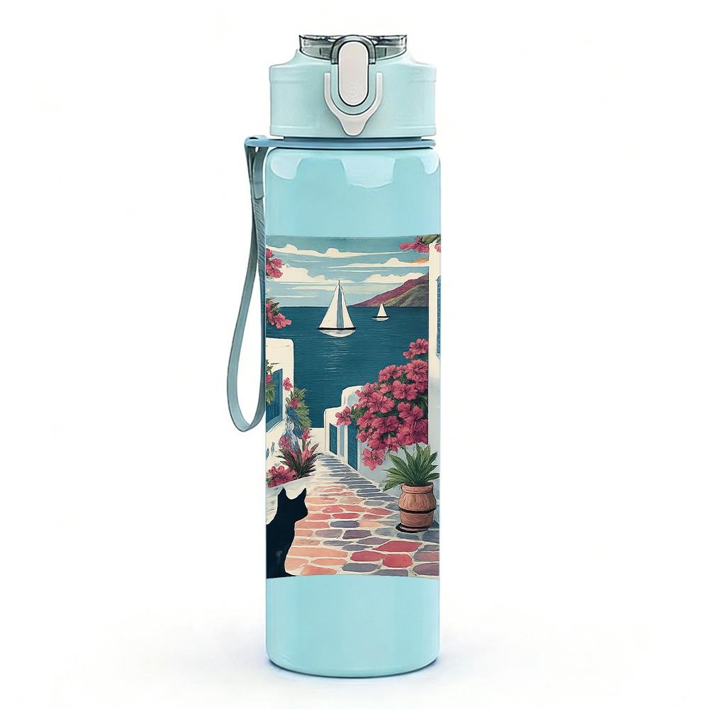 1PC Vintage Window Curtain Pattern 750ml Color Plastic Sports Water Bottle Leakproof Flip Straw Lid Suitable for Sports Office Home Use
