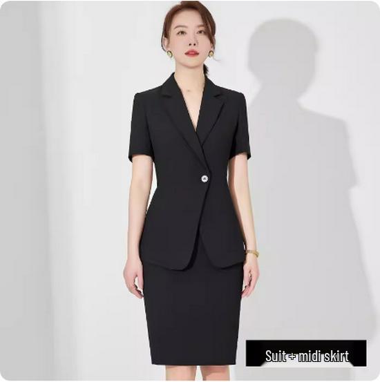 

Женский черный приталенный профессиональный костюм с коротким рукавом - Летняя мода, рабочая одежда с темпераментом учителя XL