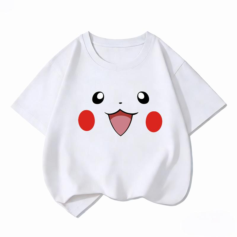 Potdemiel Kids Cotton Tshirt Cute Pikachu Face Print Summer Short Sleeve Breathable Crew Neck Boys Girls Casual Tops