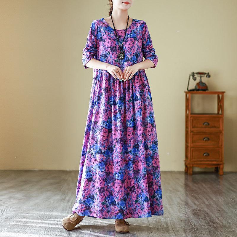 Spring Floral Vacation Style Travel Round Neck Retro Long Skirt with Meat Covering Cotton Linen Dress