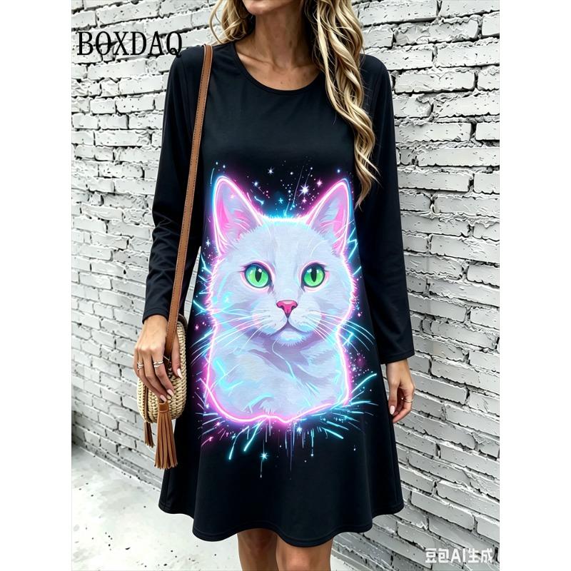 2026 Autumn Dresses Women's Cute Cat 3D Printing Home A-Line Dress Casual Fashion Long Sleeve Maple Leaf Print Loose Dress