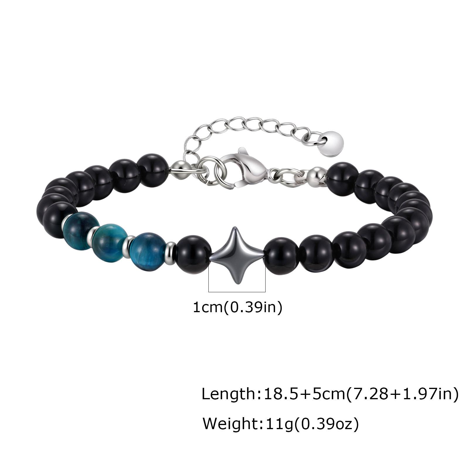 Vnox Men Black Obsidian & Blue Cat Eye Beaded Bracelet Four-pointed Star Charm Adjustable Link Chain Jewelry Gift