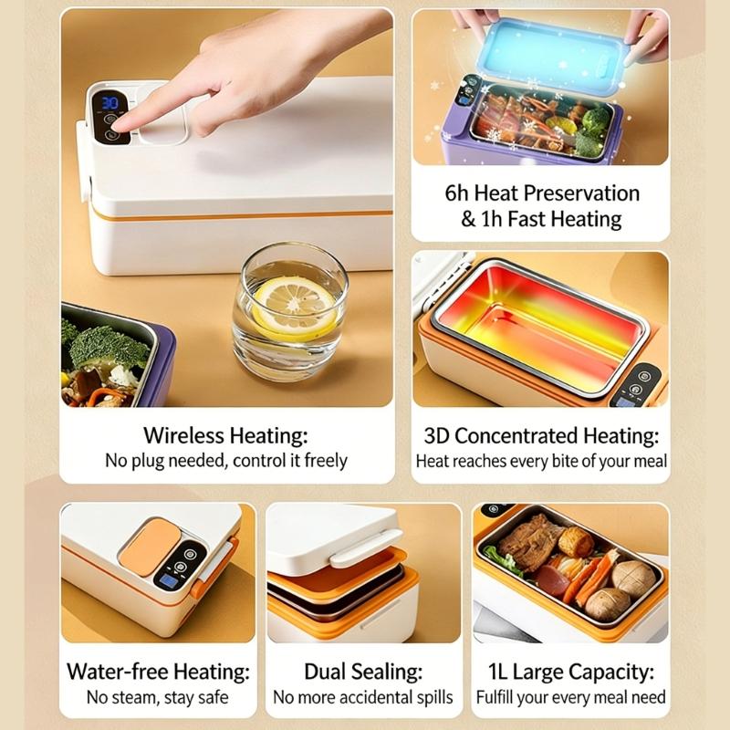 Portable Electric Lunch Box 1L Capacity Thermal Food Warmers Lunch Heating Box For Work School Camping And Home Use