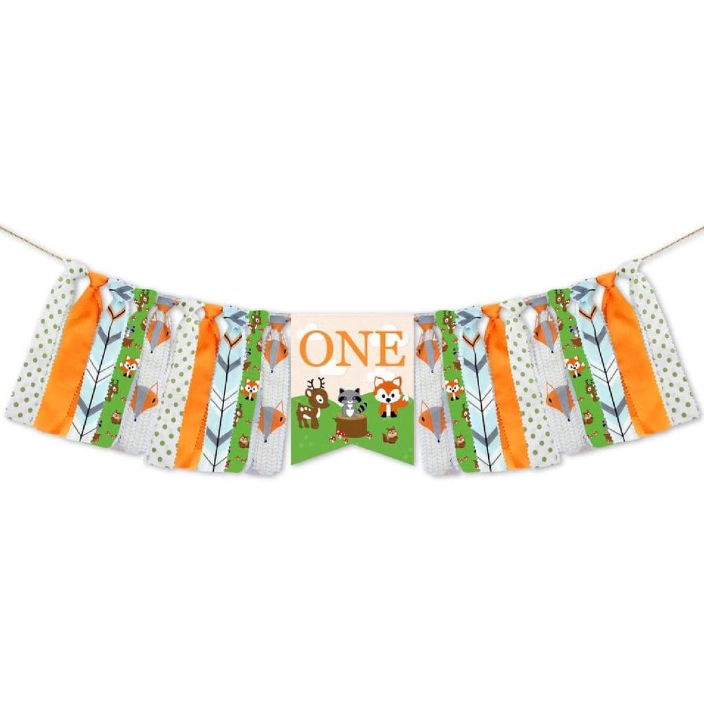 Woodland Animal 1st Birthday Decoration,Woodland Creatures High Chair Banner Baby First Birthday Crown Fox ONE Cake Toppers for Wild One Birthday