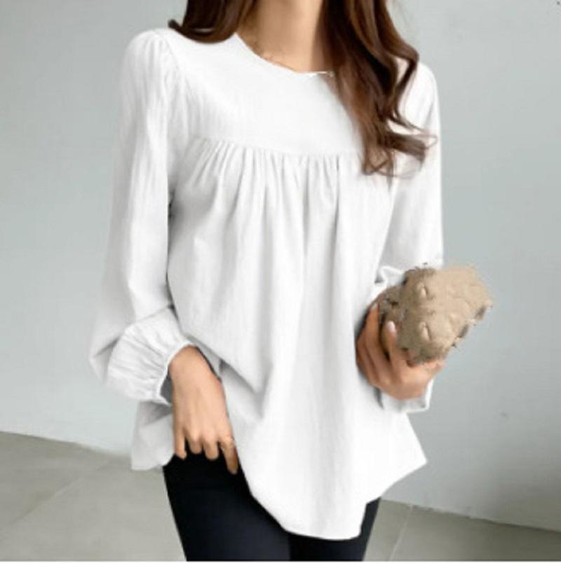 

Осенняя мода, однотонная блузка, женская туника с длинным рукавом и круглым вырезом, корейская элегантная повседневная рубашка, свободная рабочая OL Blusas XXXXL белый