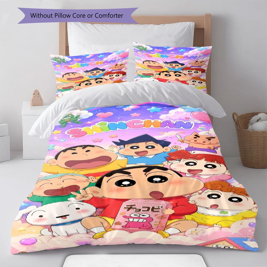 Anime Crayonshinchan Pattern Bedding Set Quilt Cover Pillowcase Home Decor Gift (1 * Duvet Cover + 2 * Pillowcase, Without Core)
