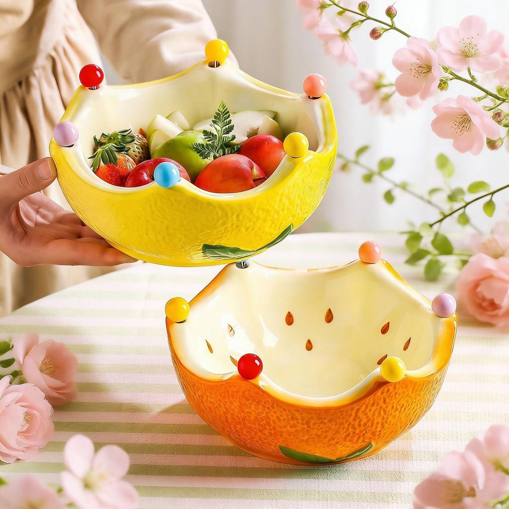 Ceramic Orange Fruit Bowl with Fork, Cute Dessert & Snack Bowl for Fruits and Treats